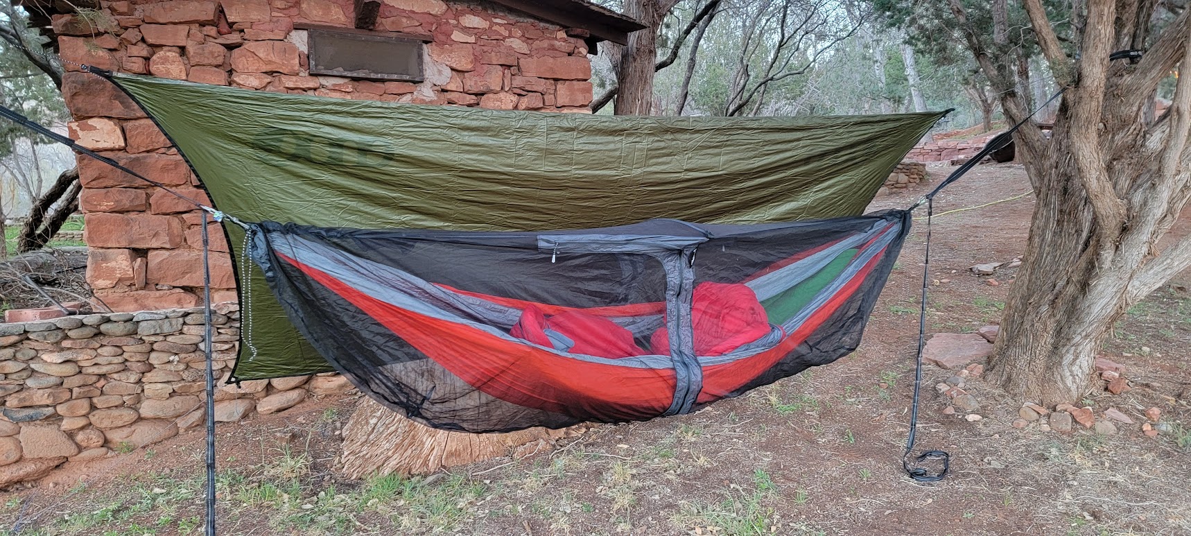 ENO doublenest hammock with ENO ProFly SIL XL flipped back and ENO Guardian DX Bug net and ENO Atlas XL straps