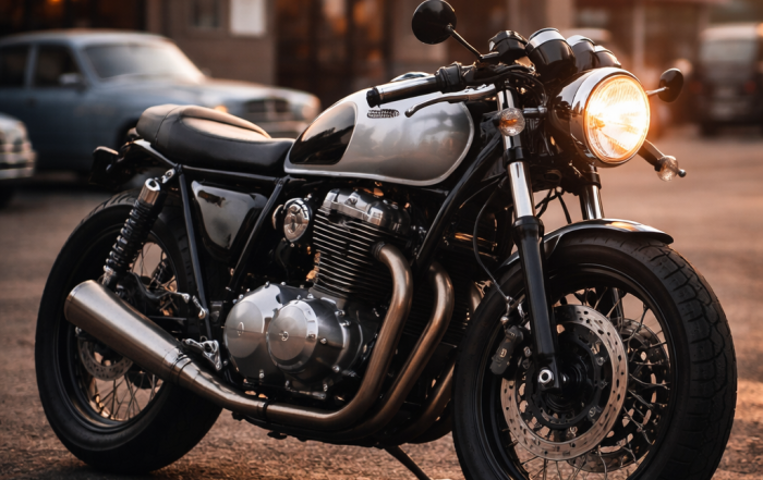 cafe racer motorcycle in front of ace cafe, ai generated image representing text in post