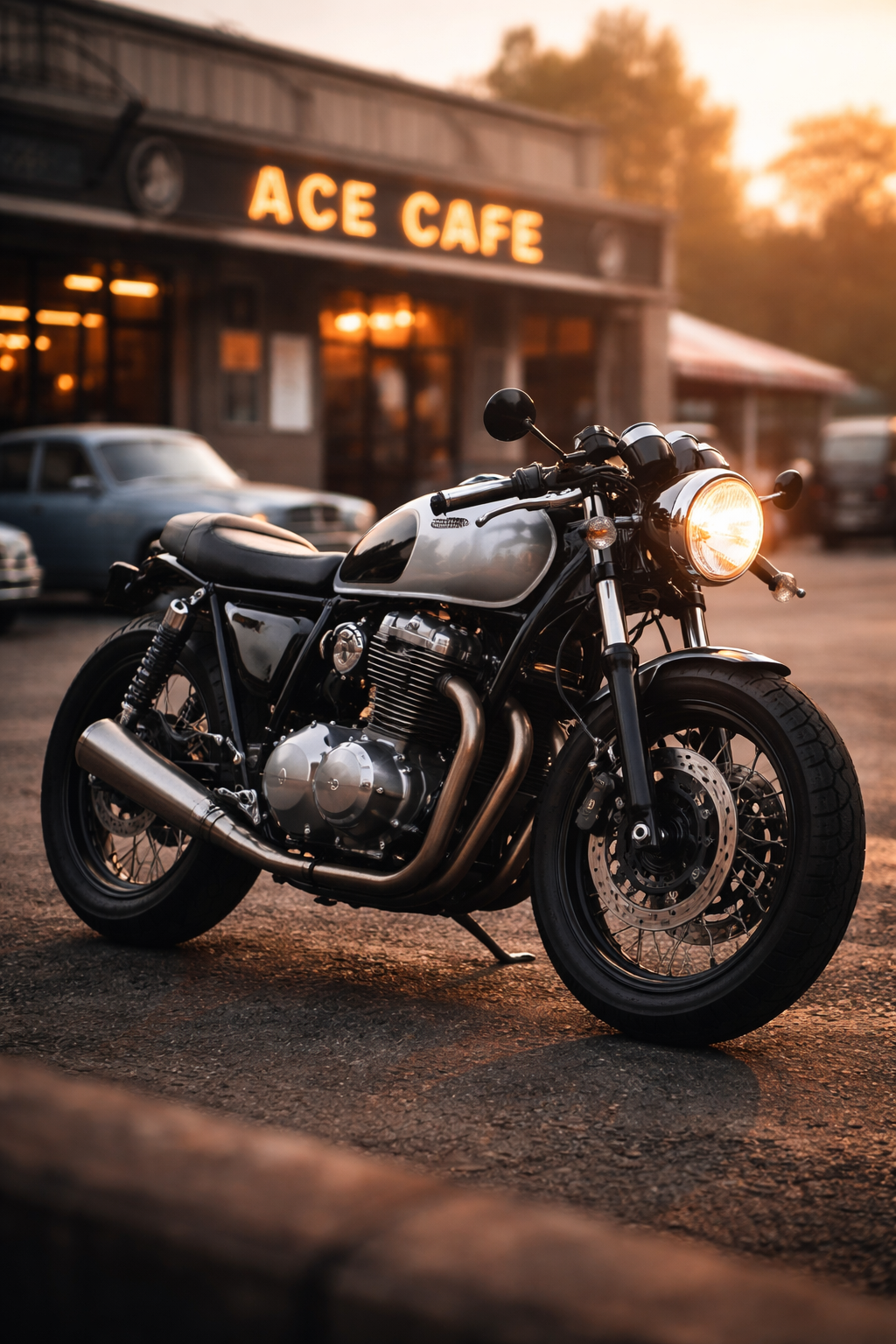 cafe racer motorcycle in front of ace cafe, ai generated image representing text in post